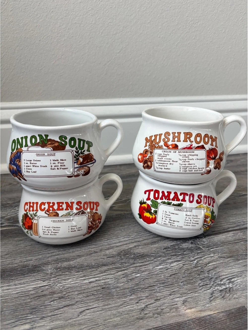 Vintage Recipe Soup Crock Bowls Set of 4 Handled Onion Tomato Chicken Mushroom